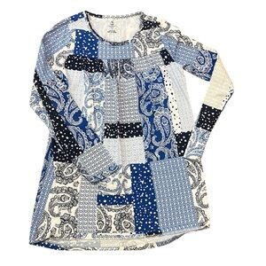 🟡Blue and White Long Sleeve Graphic Tunic. Size 14